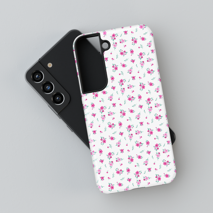 White Samsung Galaxy case with pink floral pattern – minimal feminine protective phone cover for women