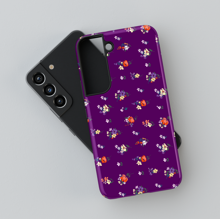 Purple Samsung Galaxy case with colorful mini floral pattern – stylish girly flower print phone cover for women