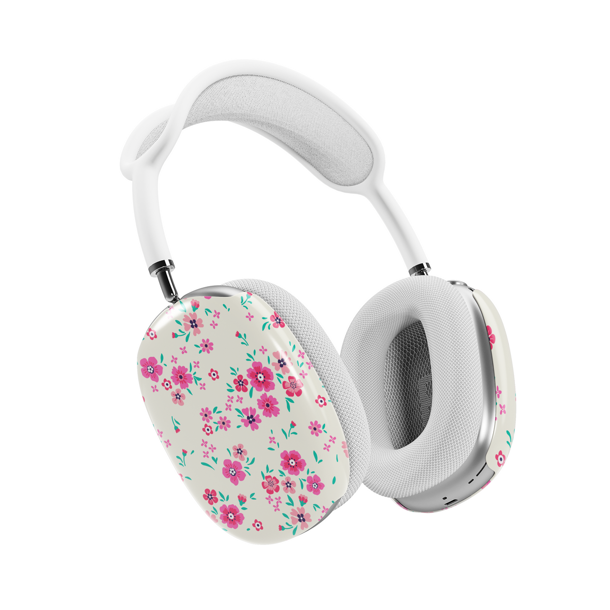 Cream AirPods Max cover with vibrant pink floral pattern, spring flower design headphone skin for Apple AirPods Max, aesthetic music lover accessory.