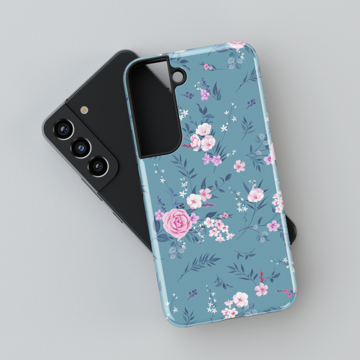 Teal Samsung Galaxy case with pink and white floral design – elegant garden aesthetic protective phone cover for women