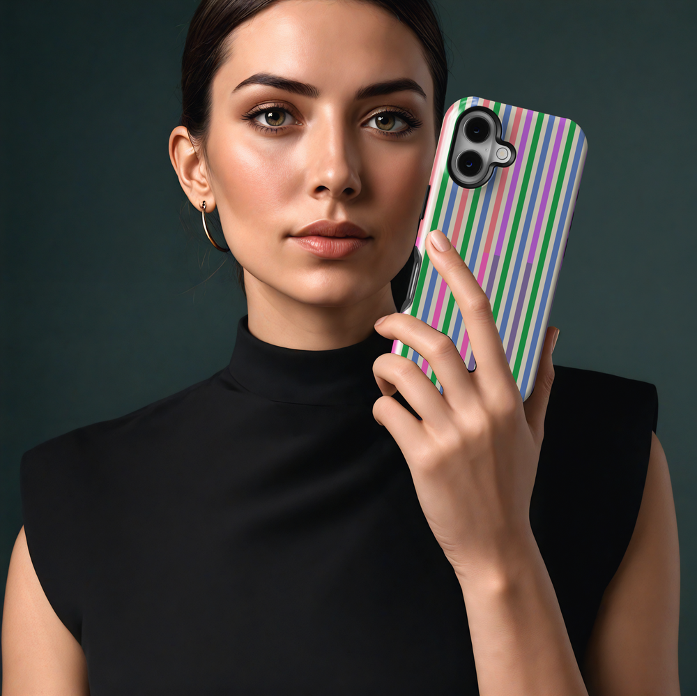 iPhone 16 pastel striped phone case for women – colorful vertical lines MagSafe case with glossy finish, girly rainbow aesthetic protective cover