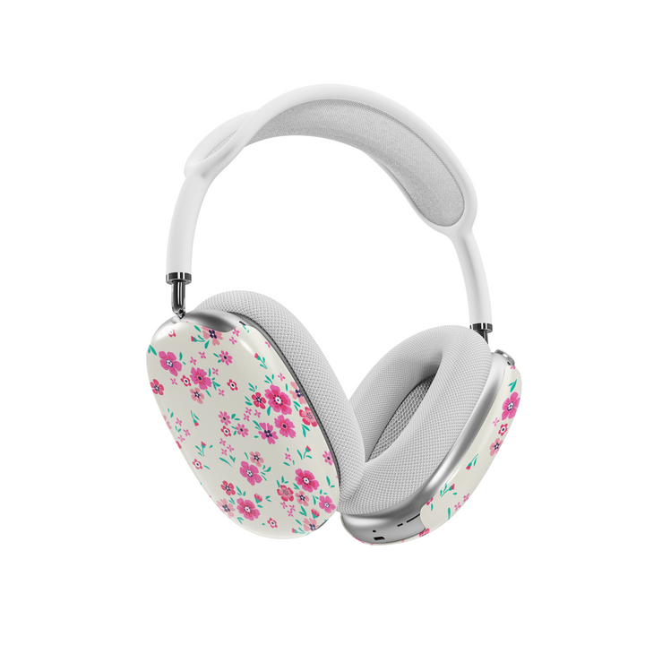 Cream AirPods Max cover with vibrant pink floral pattern, spring flower design headphone skin for Apple AirPods Max, aesthetic music lover accessory.