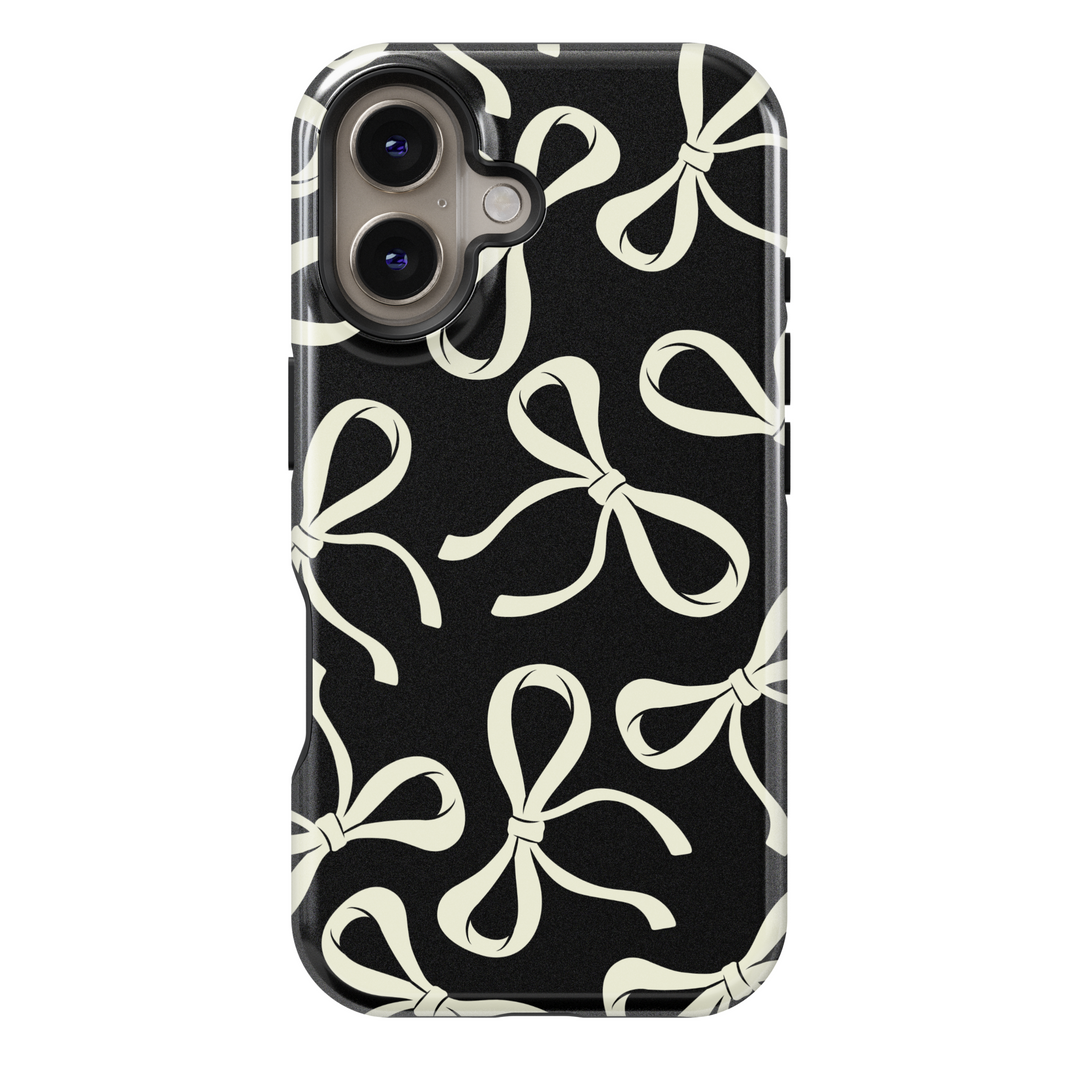 Black bow iPhone 16 MagSafe tough case, girly ribbon print phone cover for women, trendy aesthetic phone case, protective gift for her

