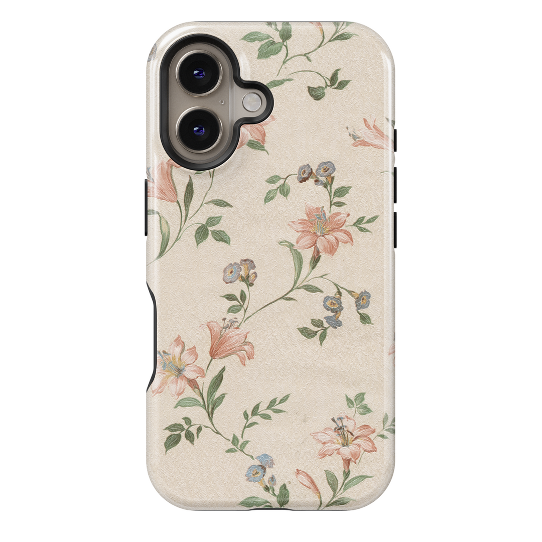 Beige floral iPhone 16 MagSafe tough case, vintage botanical flower phone cover for women, spring garden protective case, gift for her

