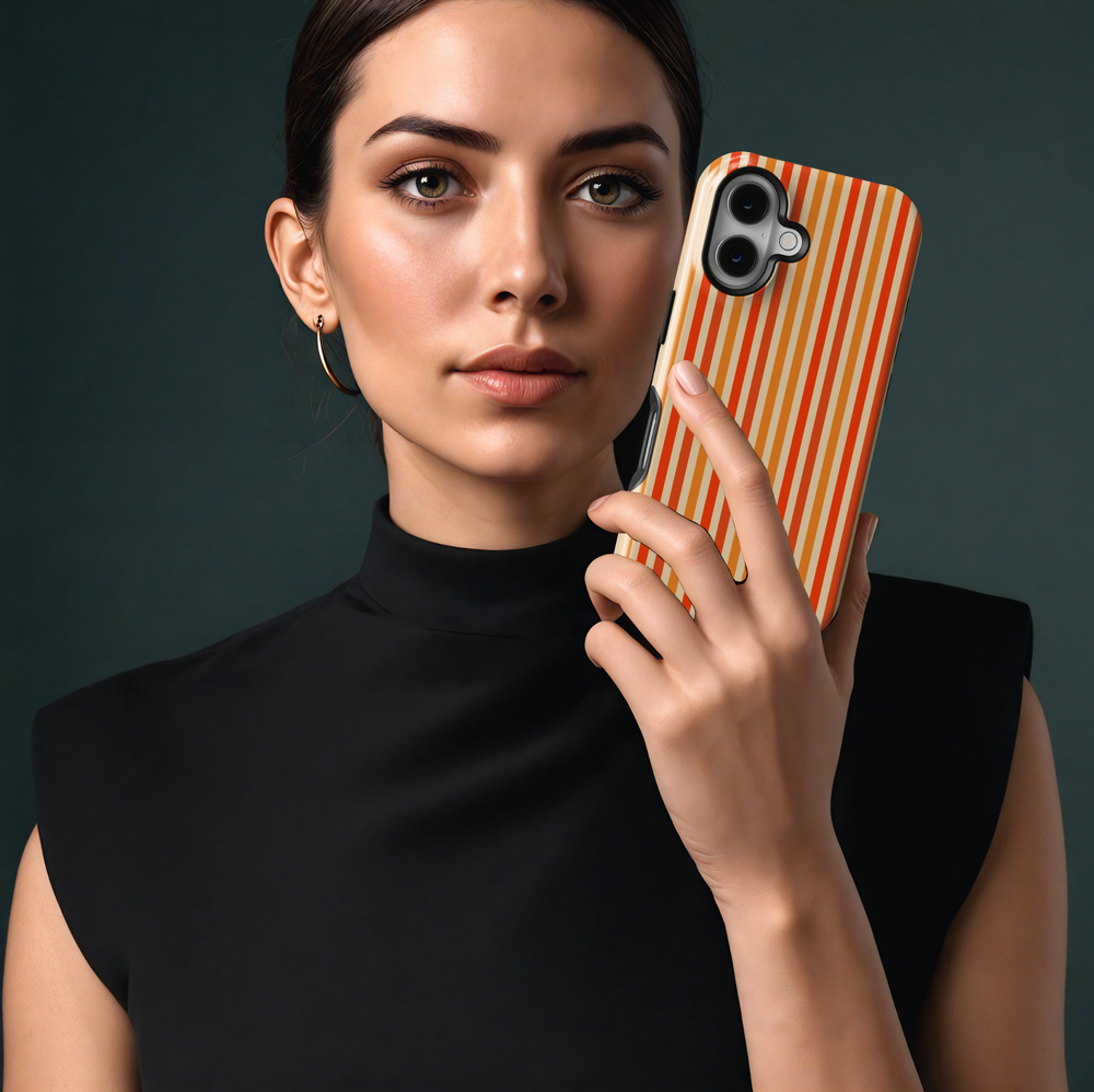 iPhone 16 orange striped case for women – vertical retro aesthetic MagSafe phone case in warm spice tones, glossy protective cover
