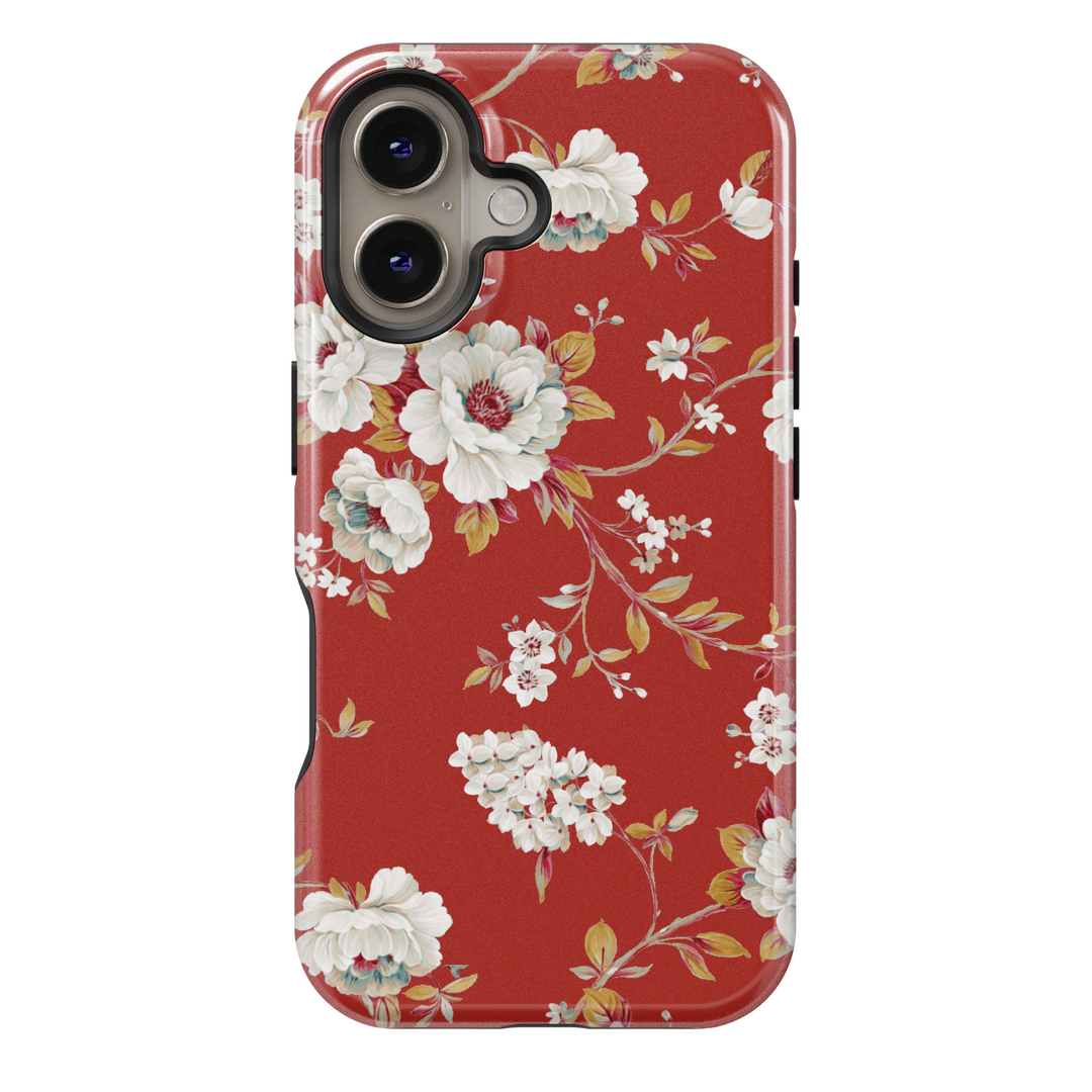 Red floral iPhone 16 MagSafe tough case, romantic flower print phone case for women, vintage spring protective phone cover, gift for her


