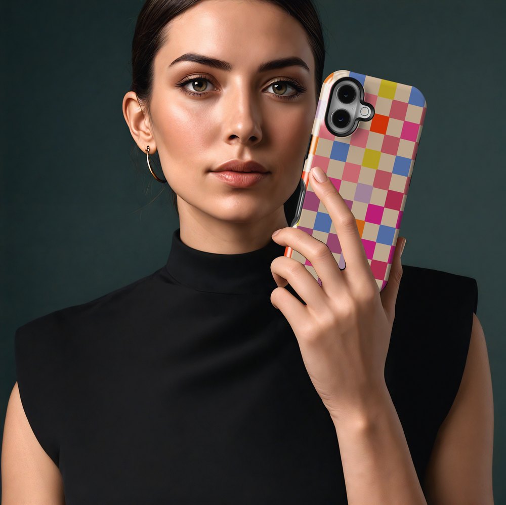 iPhone 16 colorful checkered case for women – pastel checkerboard MagSafe phone case with bold pink, orange, and purple blocks