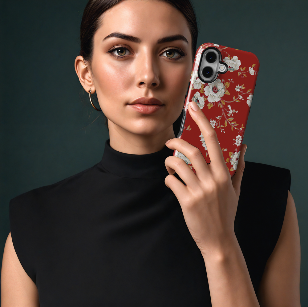 Red floral iPhone 16 MagSafe tough case, romantic flower print phone case for women, vintage spring protective phone cover, gift for her


