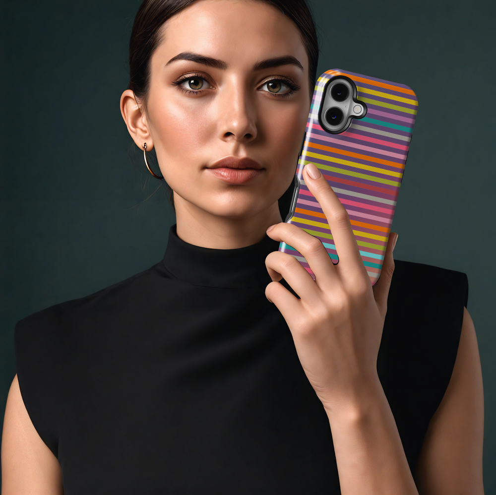 iPhone 16 colorful striped case for women – aesthetic MagSafe phone cover with rainbow pastel lines and glossy finish