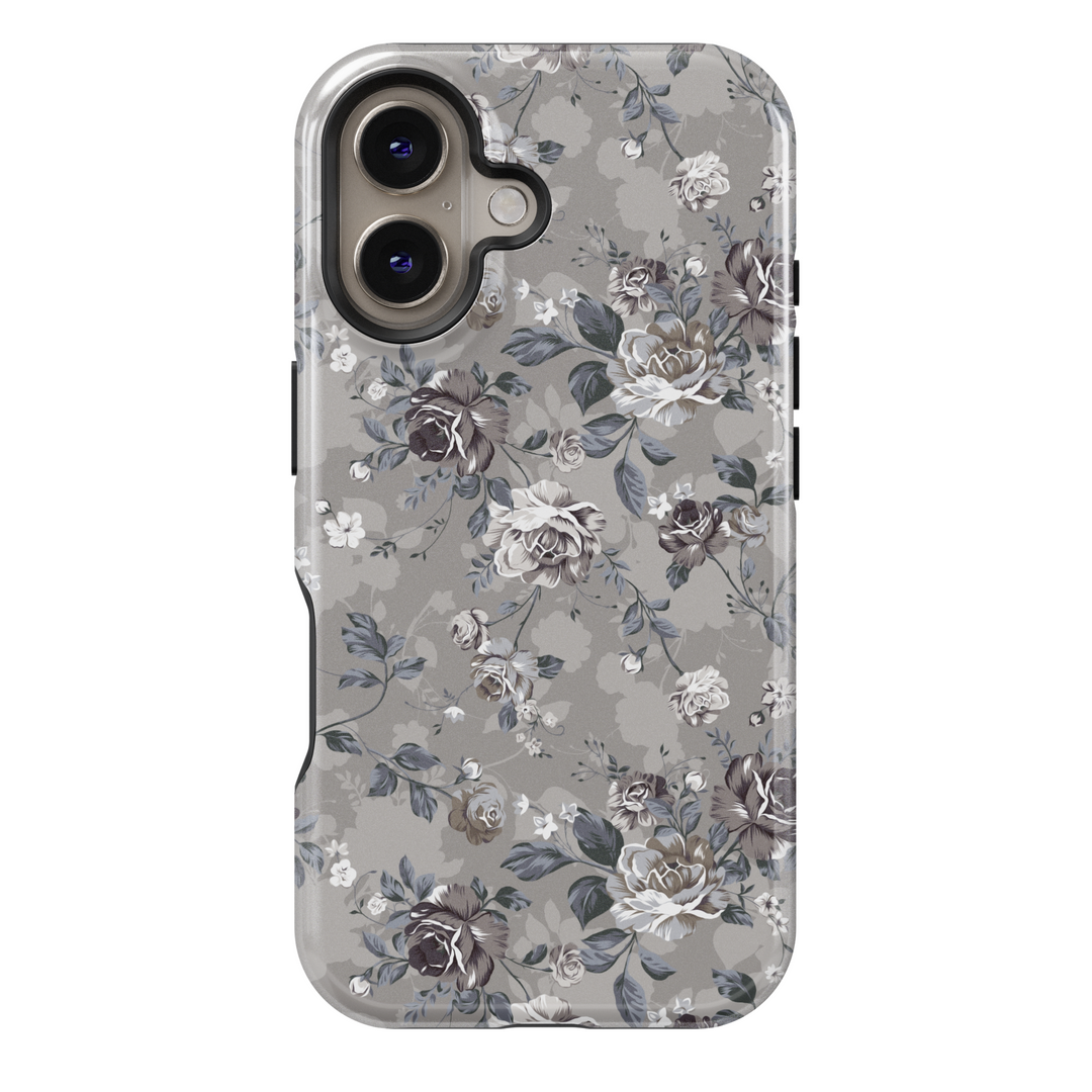 Gray floral iPhone 16 MagSafe tough case, elegant muted flower pattern phone cover for women, romantic spring gift idea

