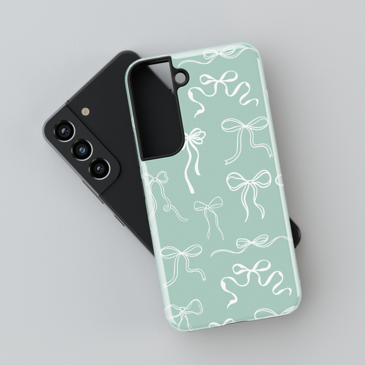Mint green Samsung Galaxy case with white ribbon bow pattern – soft coquette aesthetic girly protective phone cover for women