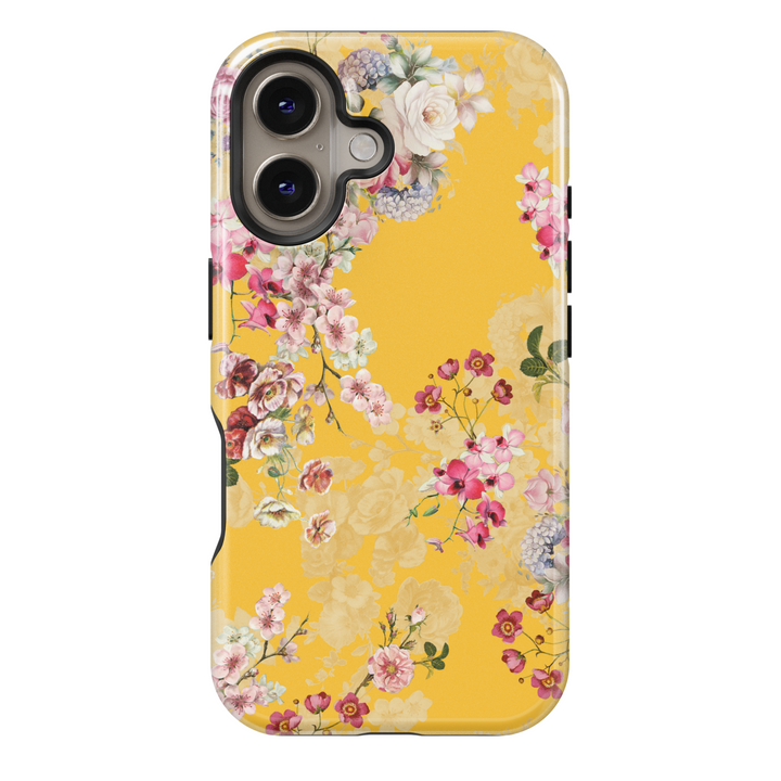 Yellow floral iPhone 16 MagSafe tough case, bright flower pattern spring phone cover for women, cheerful gift for her

