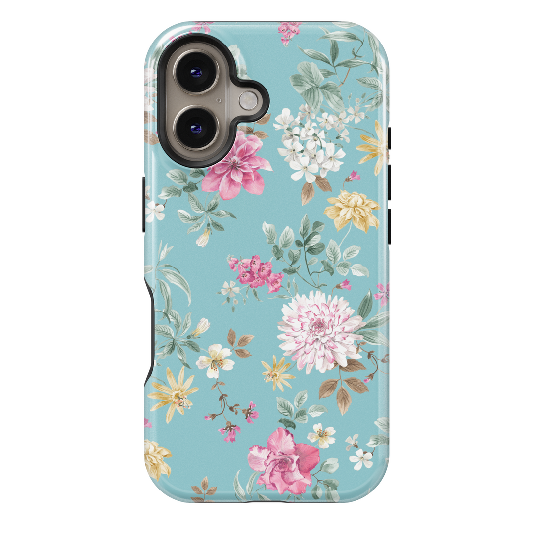 Blue floral iPhone 16 MagSafe tough case, elegant pastel flower phone cover for women, botanical spring gift for her

