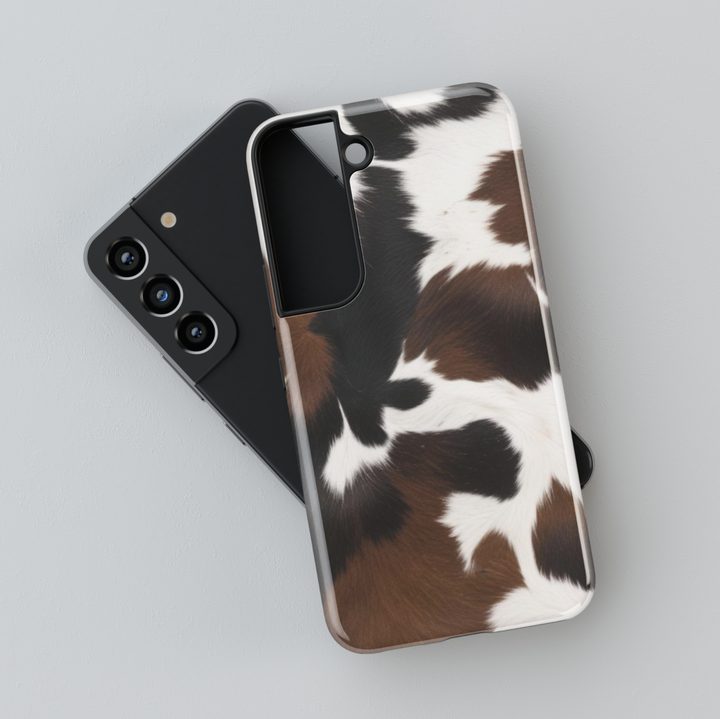 Brown and white cow print Samsung Galaxy phone case – realistic furry pattern western aesthetic protective cover for women