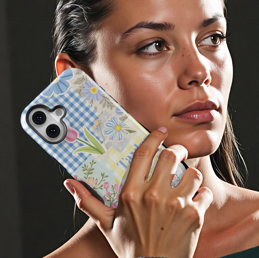 Personalized floral patchwork iPhone case with a vintage cottagecore aesthetic. Features a mix of gingham and floral patterns for a charming touch.