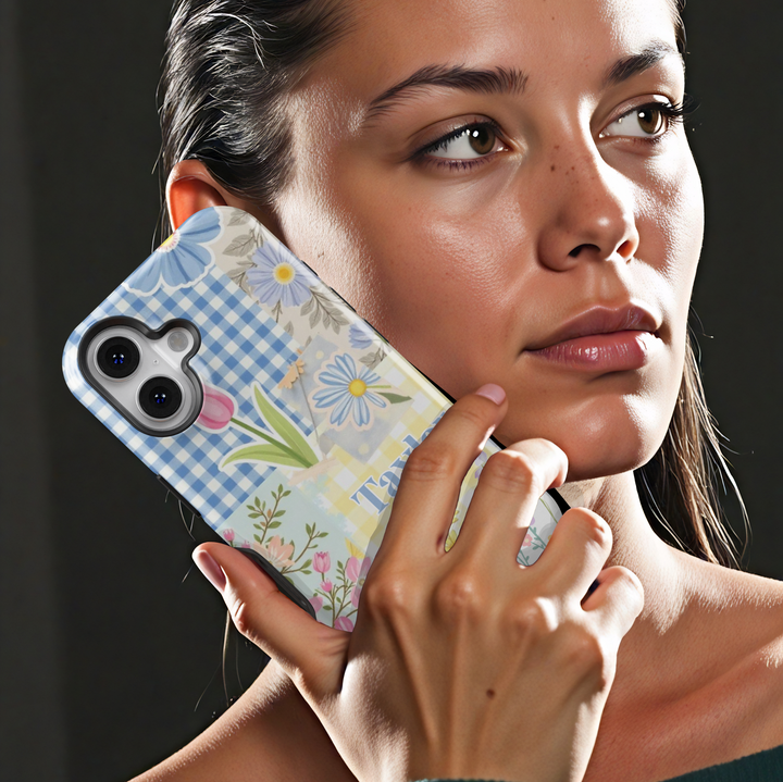 Personalized floral patchwork iPhone case with a vintage cottagecore aesthetic. Features a mix of gingham and floral patterns for a charming touch.