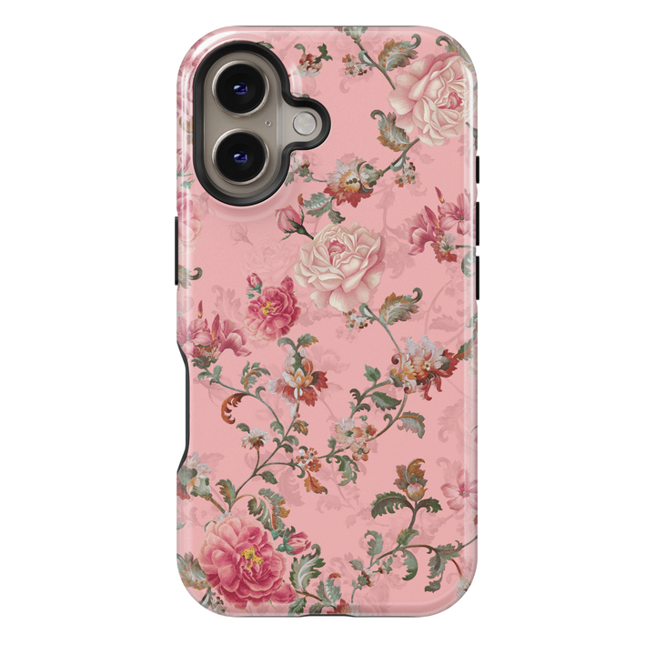 Vintage pink floral iPhone 16 MagSafe tough case, romantic botanical flower phone cover for women, spring gift for her

