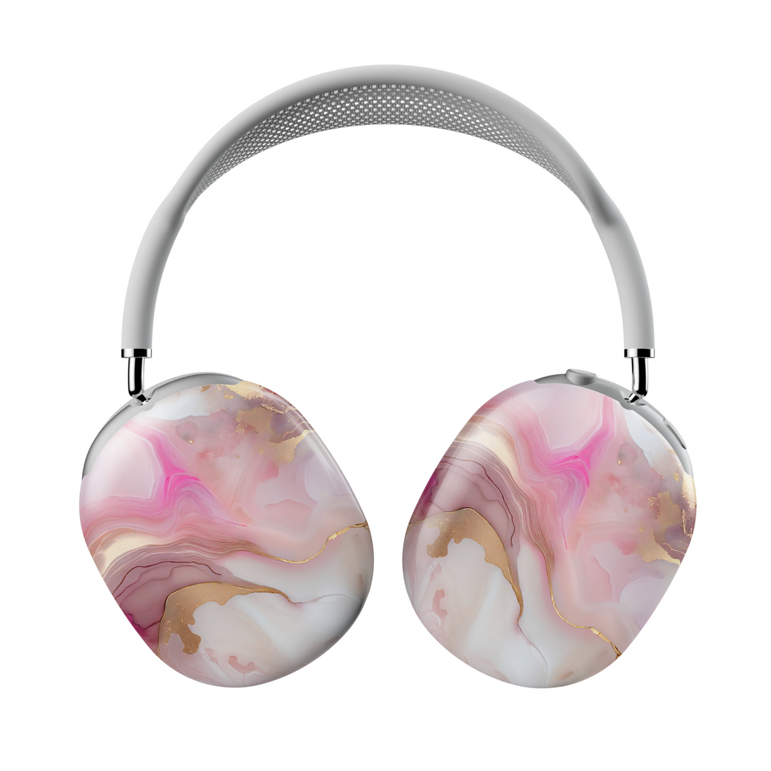 Elegant pink and gold marble AirPods Max cover with fluid abstract design, luxury aesthetic headphone skin for Apple AirPods Max.