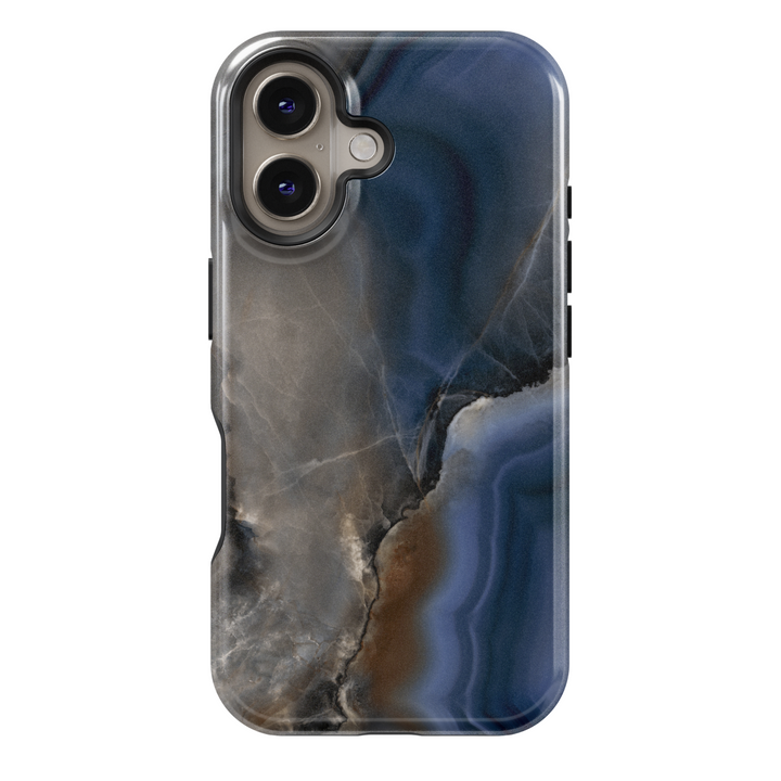 Dark blue marble iPhone 16 MagSafe tough phone case, ocean swirl stone design protective cover for women, durable gift for her

