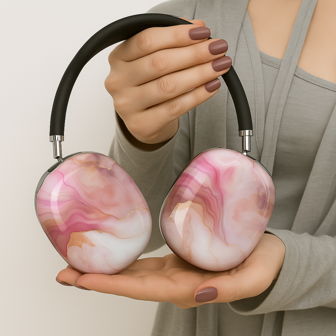 Elegant pink and gold marble AirPods Max cover with fluid abstract design, luxury aesthetic headphone skin for Apple AirPods Max.