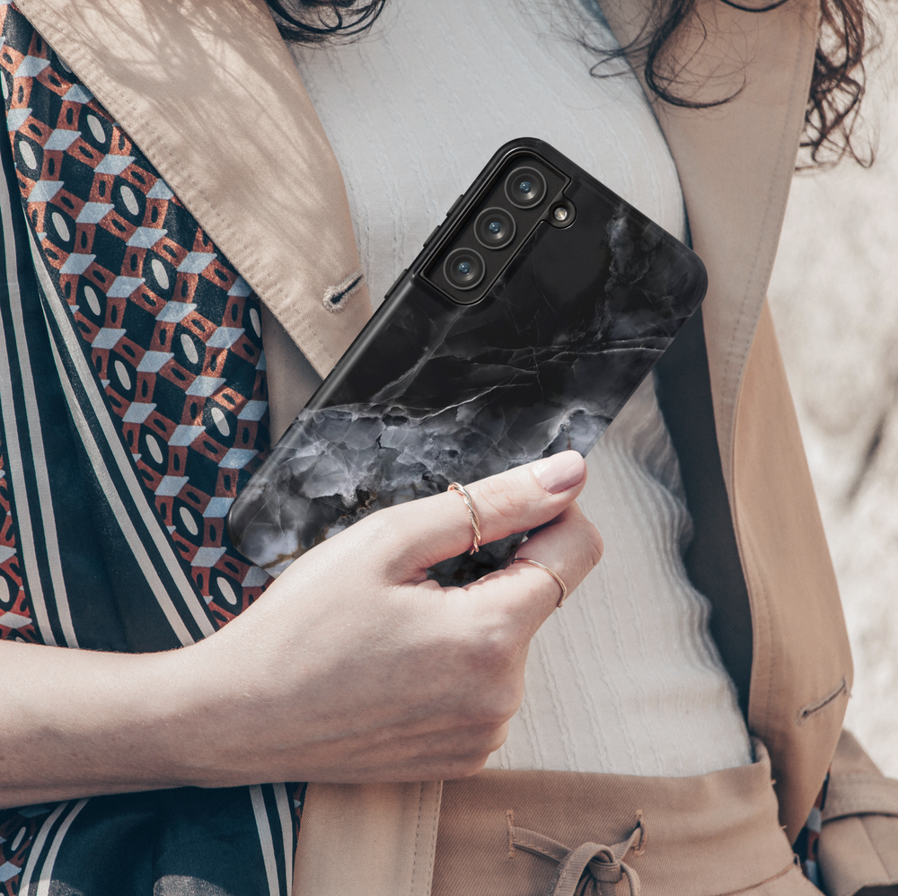 Black Marble Samsung Galaxy S24 Ultra Case for Women - Glossy Luxury Crystal Stone Cover - Galaxy S24 Plus / S23 FE Protective Case