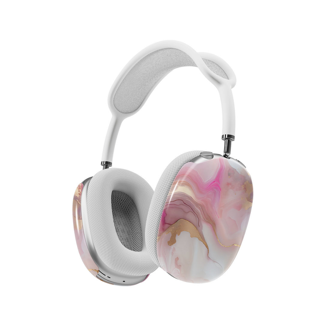 Elegant pink and gold marble AirPods Max cover with fluid abstract design, luxury aesthetic headphone skin for Apple AirPods Max.