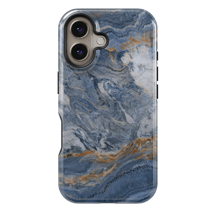 Dark blue marble iPhone 16 MagSafe tough phone case, ocean swirl stone design protective cover for women, durable gift for her

