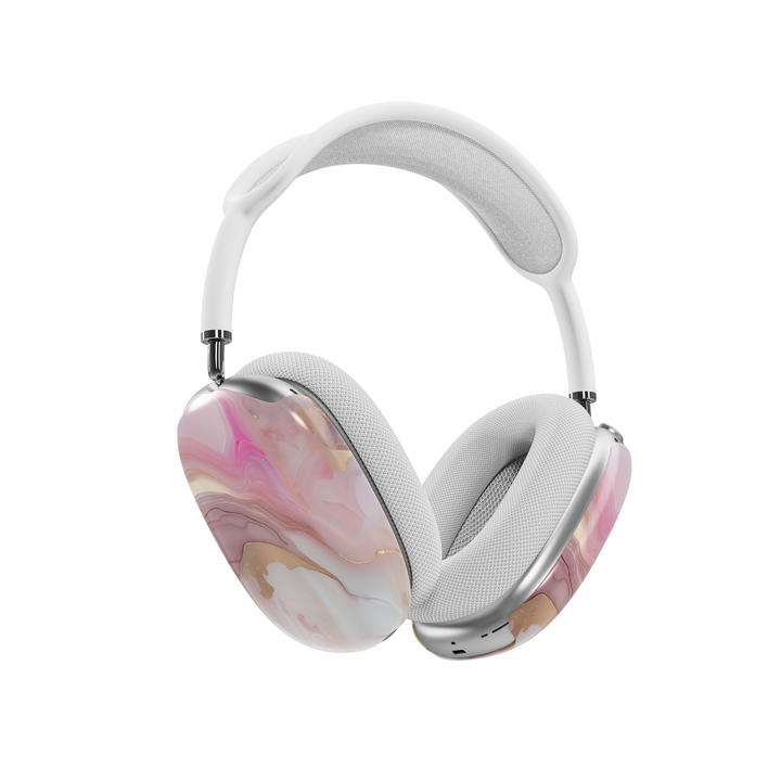 Elegant pink and gold marble AirPods Max cover with fluid abstract design, luxury aesthetic headphone skin for Apple AirPods Max.