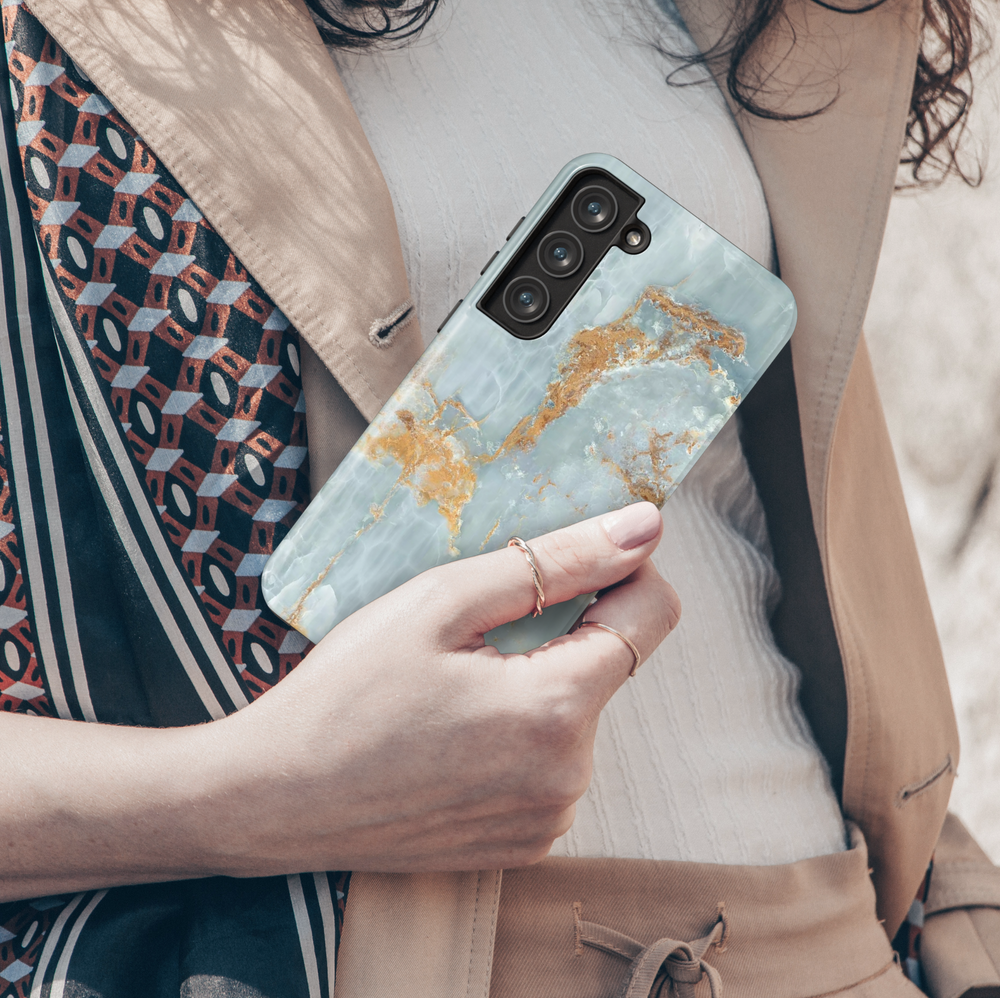 Elegant marble Samsung Galaxy case in teal, aqua, and gold – crystal-inspired feminine design for women, protective glossy cover