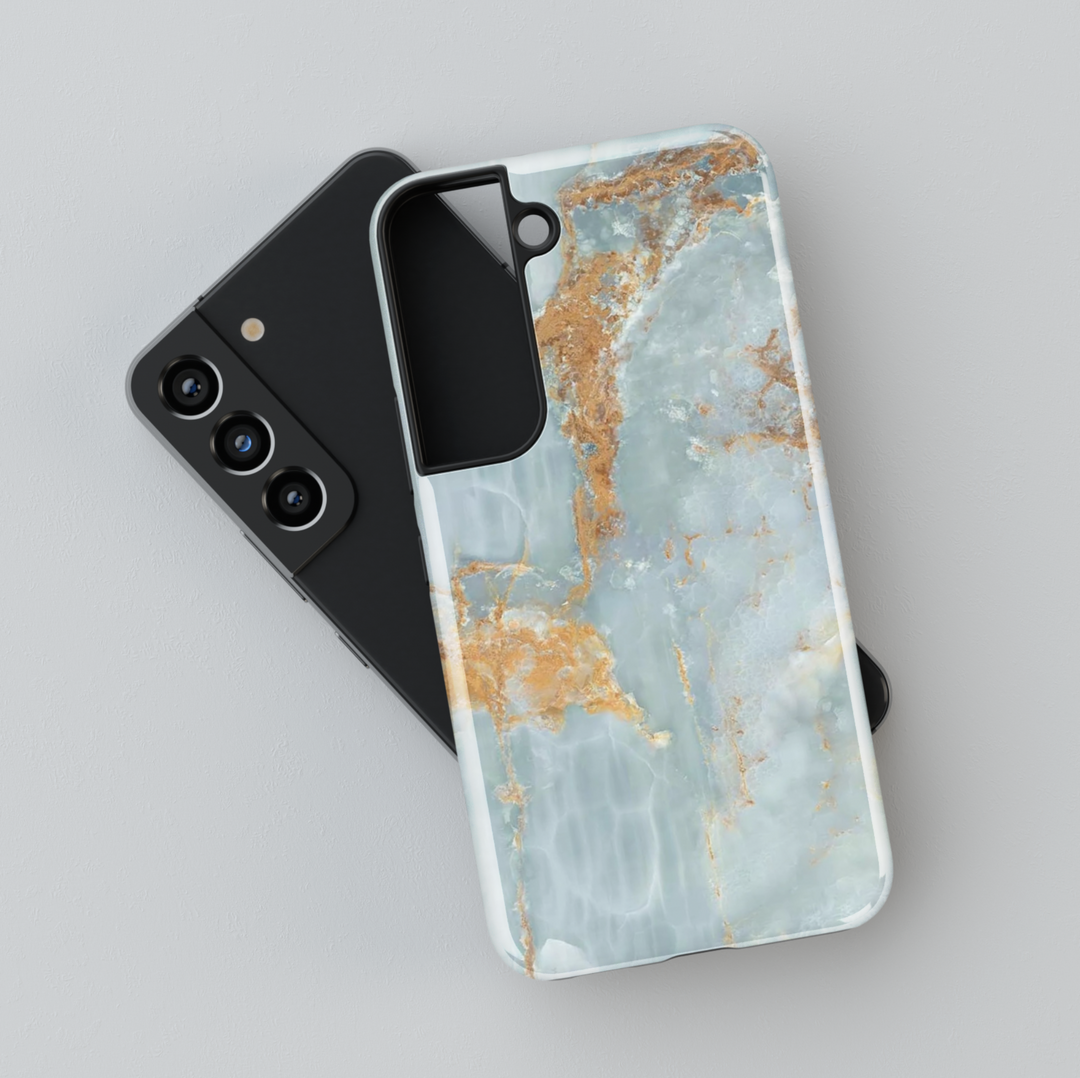 Elegant marble Samsung Galaxy case in teal, aqua, and gold – crystal-inspired feminine design for women, protective glossy cover