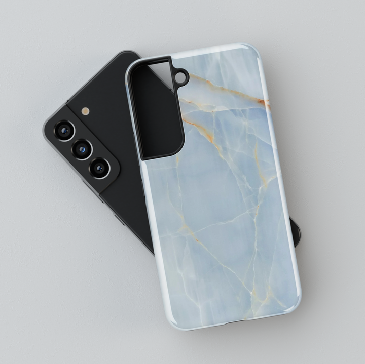Minimal light blue marble Samsung Galaxy case with gold crack detail – elegant glossy protective phone cover for women
