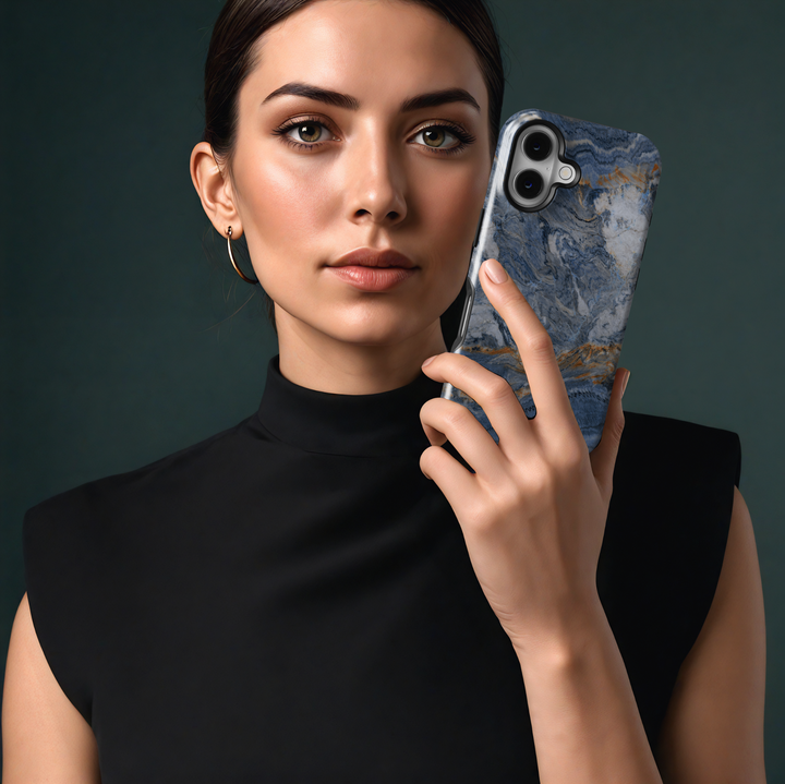 Dark blue marble iPhone 16 MagSafe tough phone case, ocean swirl stone design protective cover for women, durable gift for her

