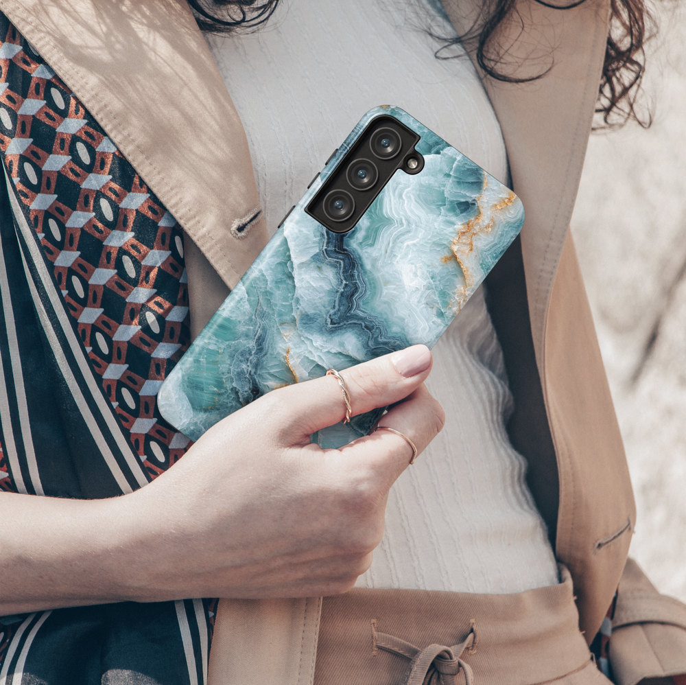 Aqua Marble Samsung Galaxy S24 Ultra Case for Women - Teal Blue Crystal Stone Pattern Cover - Galaxy S24 Plus / S23 FE Protective Case