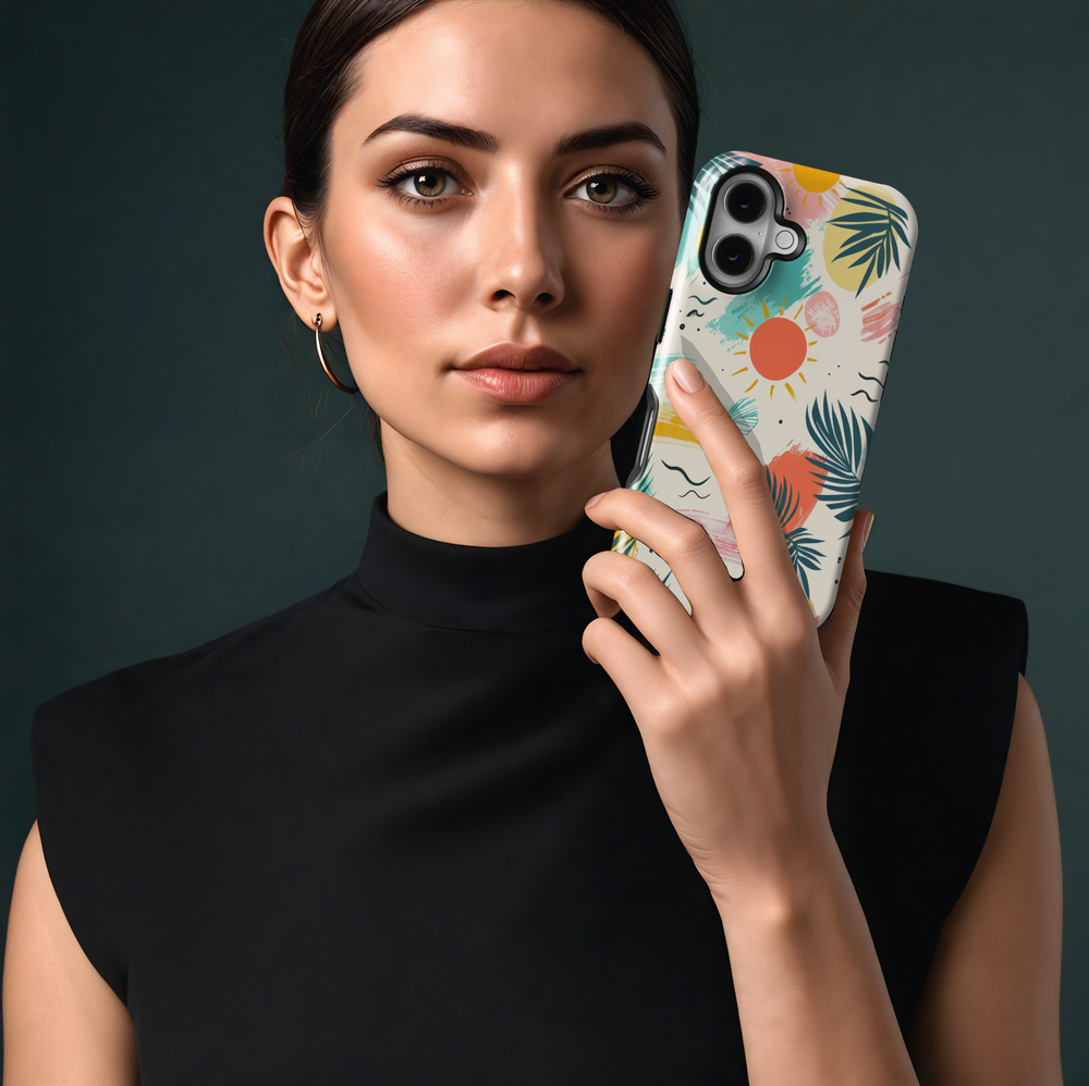 Colorful tropical iPhone 16 MagSafe case with painted sun, palm leaves, and brushstroke details – summer design for women

