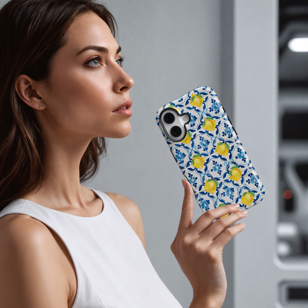 Amalfi lemon tile pattern iPhone case for iPhone 16 Pro Max with blue ceramic and yellow citrus print – MagSafe compatible Italian summer aesthetic phone cover