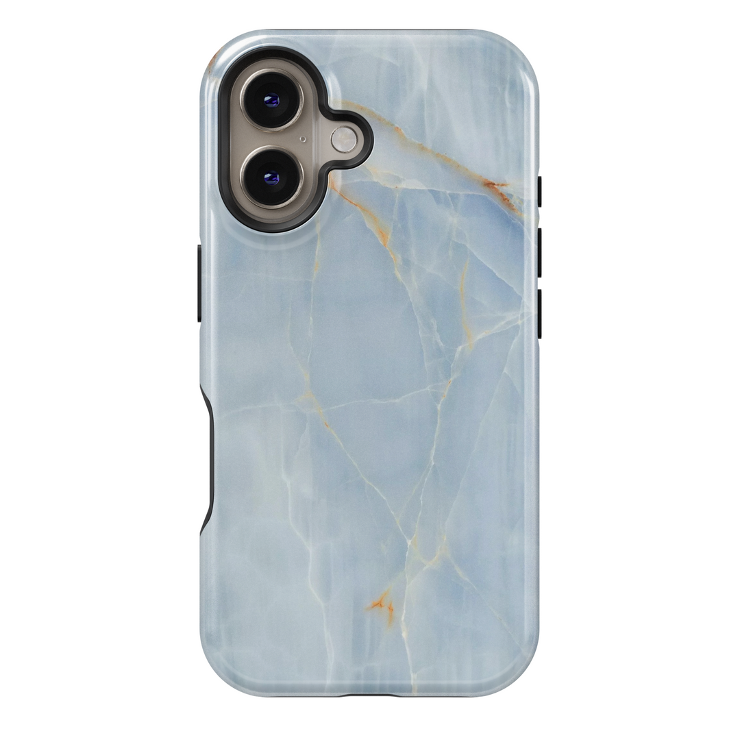 Light blue marble iPhone 16 MagSafe tough phone case, elegant stone design cover for women, luxury protective gift for her