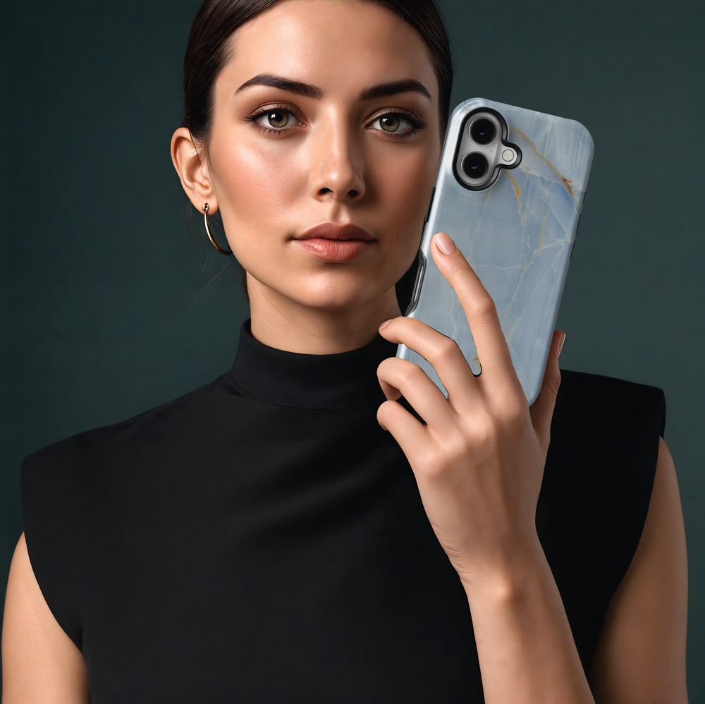 Light blue marble iPhone 16 MagSafe tough phone case, elegant stone design cover for women, luxury protective gift for her