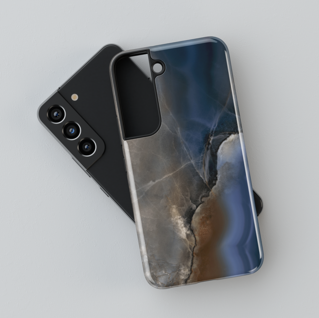 Elegant Samsung Galaxy case with blue marble swirl design – moody and artistic stone-inspired protective phone cover for women