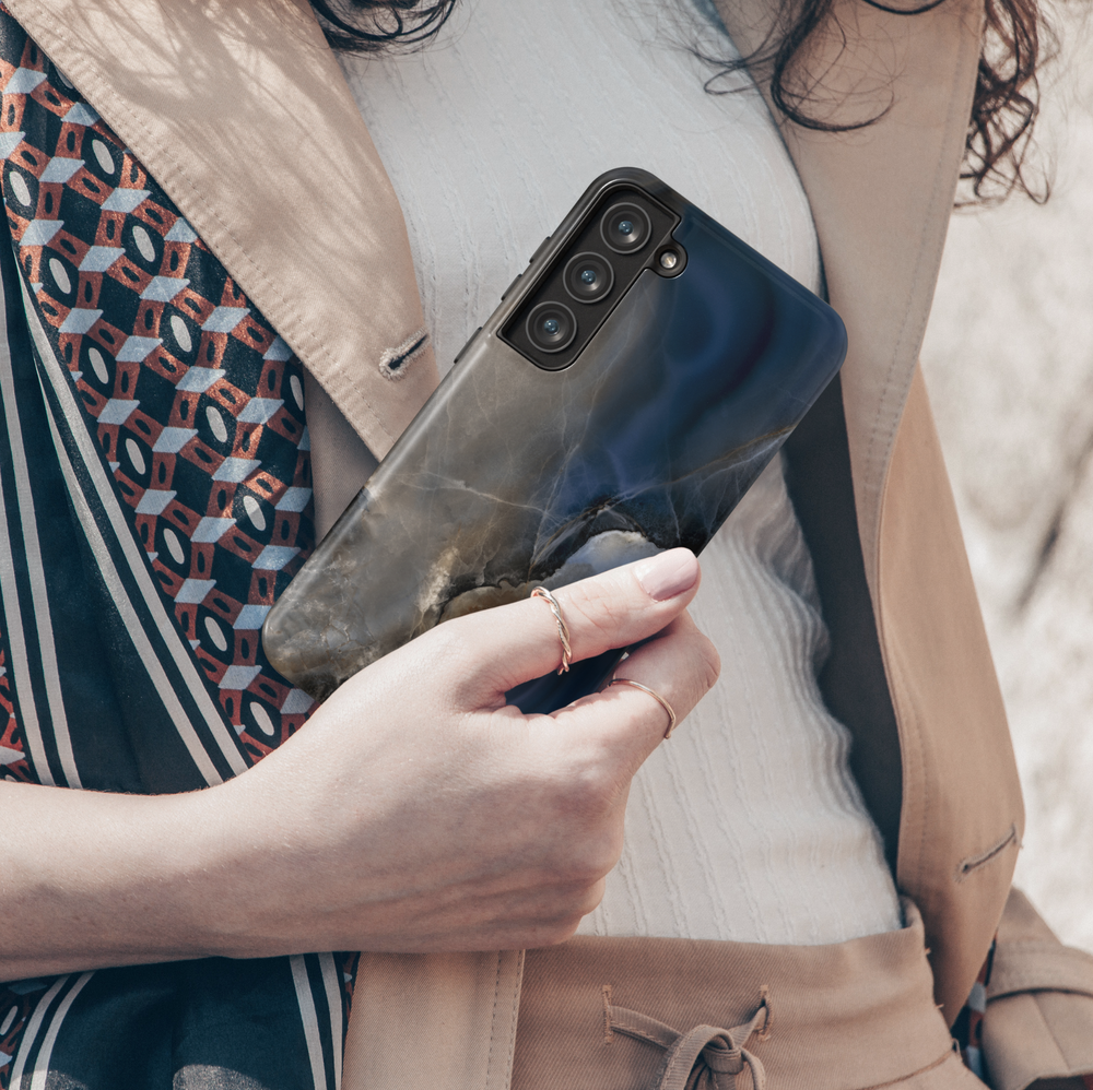 Elegant Samsung Galaxy case with blue marble swirl design – moody and artistic stone-inspired protective phone cover for women