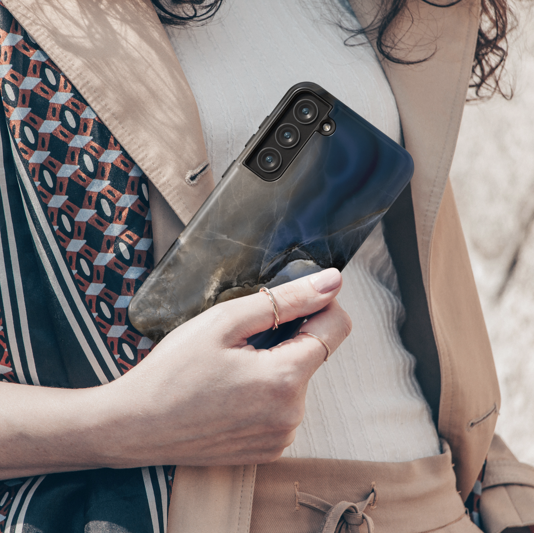 Elegant Samsung Galaxy case with blue marble swirl design – moody and artistic stone-inspired protective phone cover for women