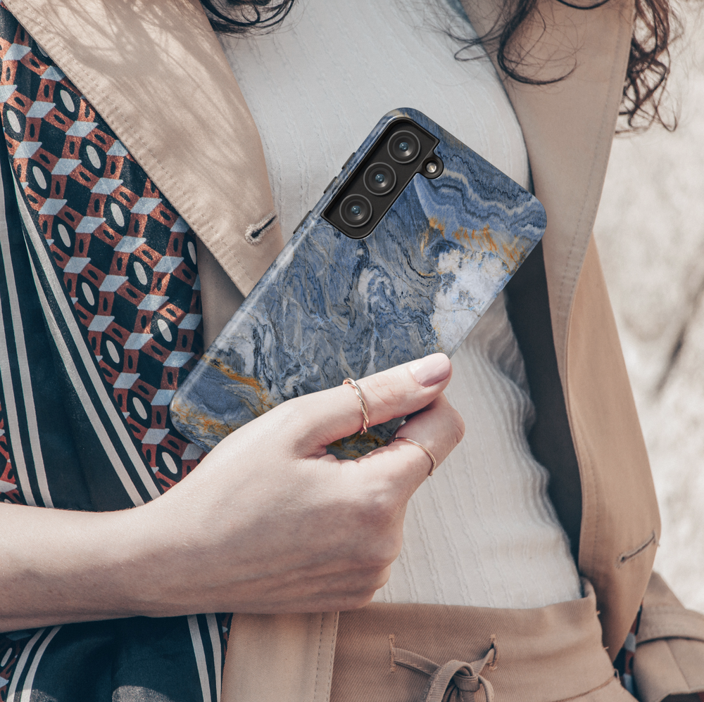 Elegant Samsung Galaxy case with blue marble swirl design – moody and artistic stone-inspired protective phone cover for women