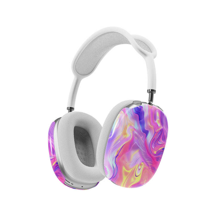 Colorful swirl AirPods Max cover with neon pink, purple, and yellow marble pattern, vibrant aesthetic headphone skin for Apple AirPods Max.