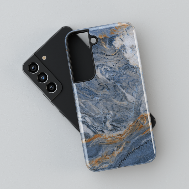 Elegant Samsung Galaxy case with blue marble swirl design – moody and artistic stone-inspired protective phone cover for women