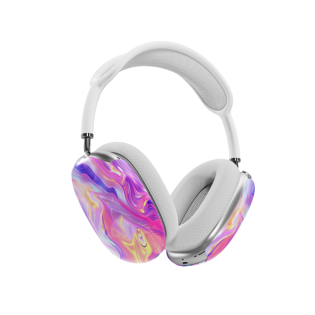 Colorful swirl AirPods Max cover with neon pink, purple, and yellow marble pattern, vibrant aesthetic headphone skin for Apple AirPods Max.