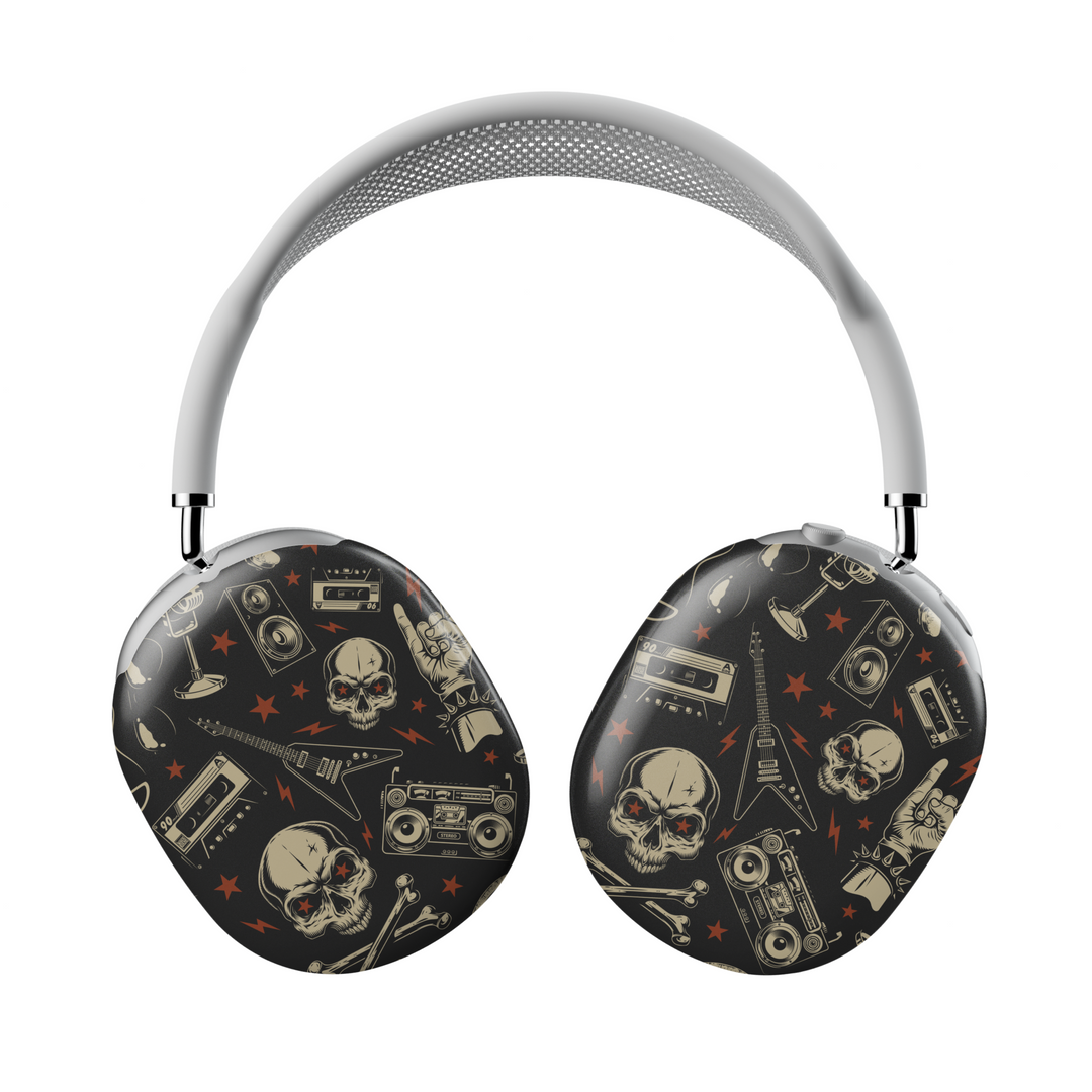 Rock and roll AirPods Max cover with skulls, guitars, boombox, and cassette tape graphics on black background, edgy headphone skin for Apple AirPods Max.