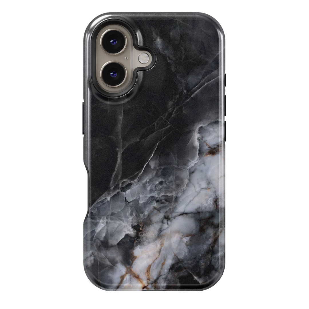 Black marble iPhone 16 MagSafe tough phone case, luxury sleek stone texture case for women, elegant gift for her, durable protective cover