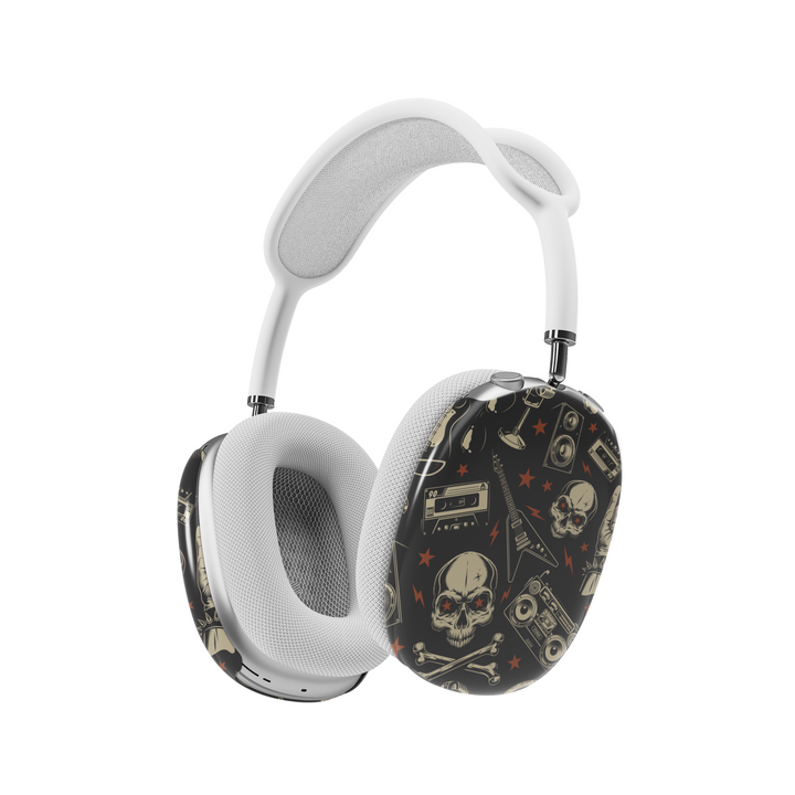 Rock and roll AirPods Max cover with skulls, guitars, boombox, and cassette tape graphics on black background, edgy headphone skin for Apple AirPods Max.