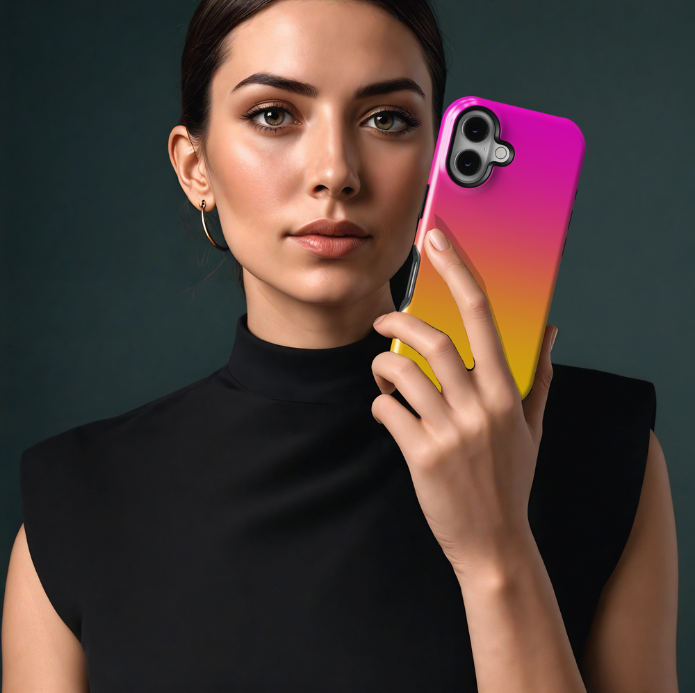 Bright pink to yellow ombre gradient iPhone 16 MagSafe case for women, vibrant and minimalist tough cover

