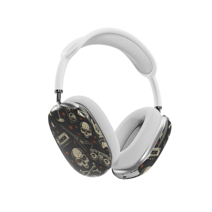 Rock and roll AirPods Max cover with skulls, guitars, boombox, and cassette tape graphics on black background, edgy headphone skin for Apple AirPods Max.