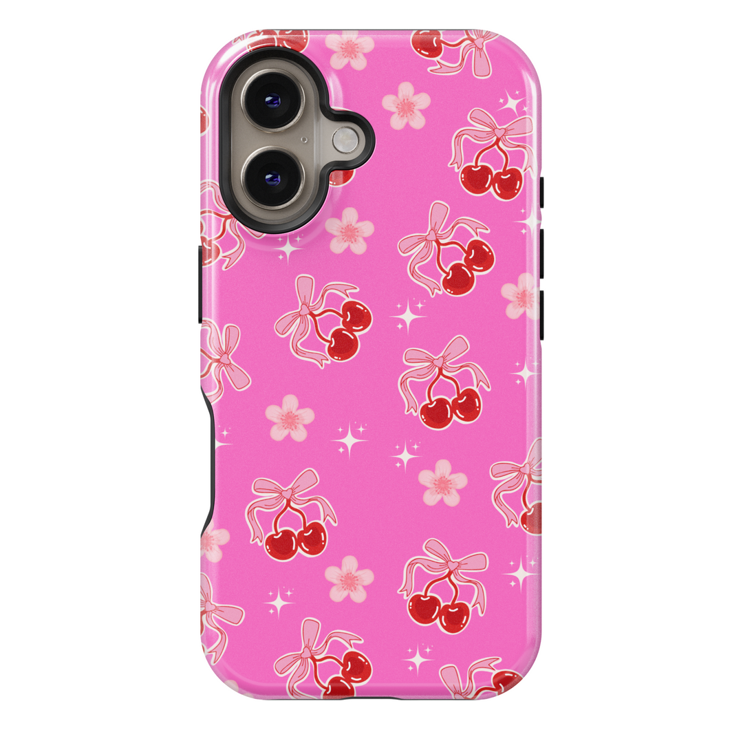 Pink cherry bow iPhone 16 MagSafe tough phone case, girly cute sparkle design, protective case for women, aesthetic gift for her